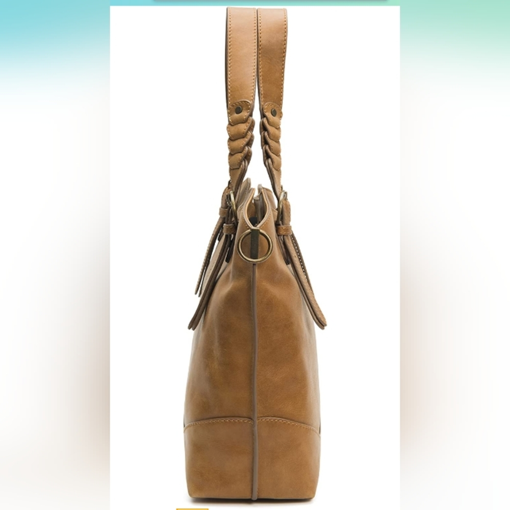 Frye Maddie Shopper Genuine Leather Handbag Tan Caramel Brass Braided Western - Picture 4 of 12